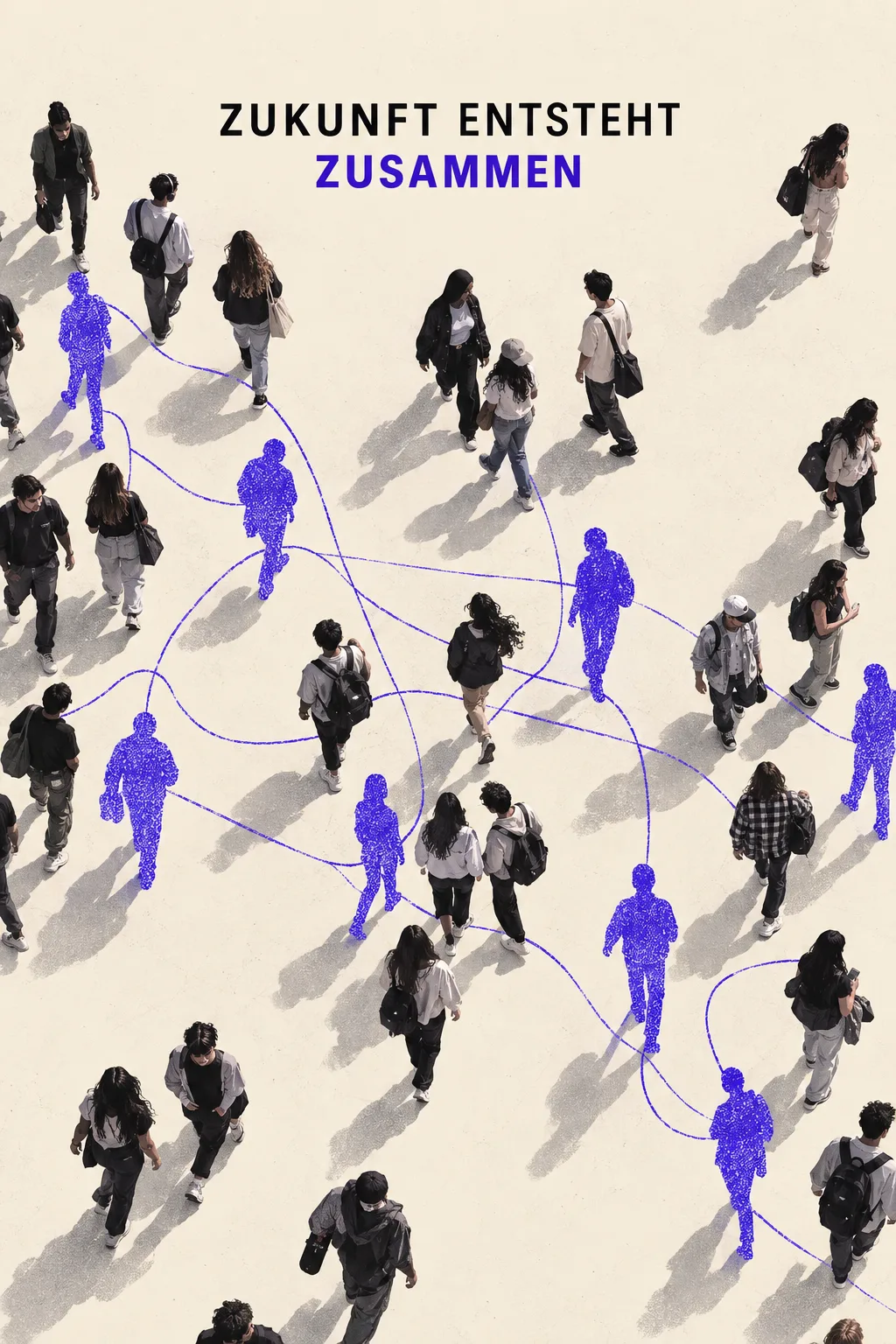 Von oben fotografierte junge Menschen, die über blaue Linien und Silhouetten miteinander verbunden sind, mit der Aufschrift ZUKUNFT ENTSTEHT ZUSAMMEN