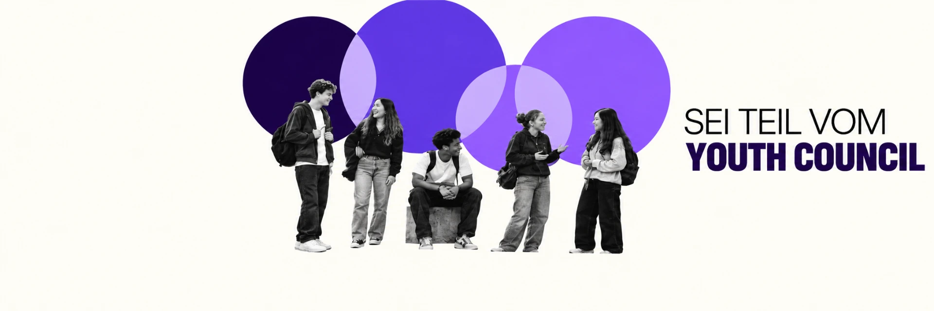 Fünf junge Menschen vor überlappenden violetten Kreisen, daneben der Schriftzug SEI TEIL VOM YOUTH COUNCIL