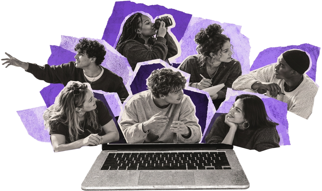 Junge Menschen mit Fernglas, Notizbuch und Laptop in einer violetten Collage